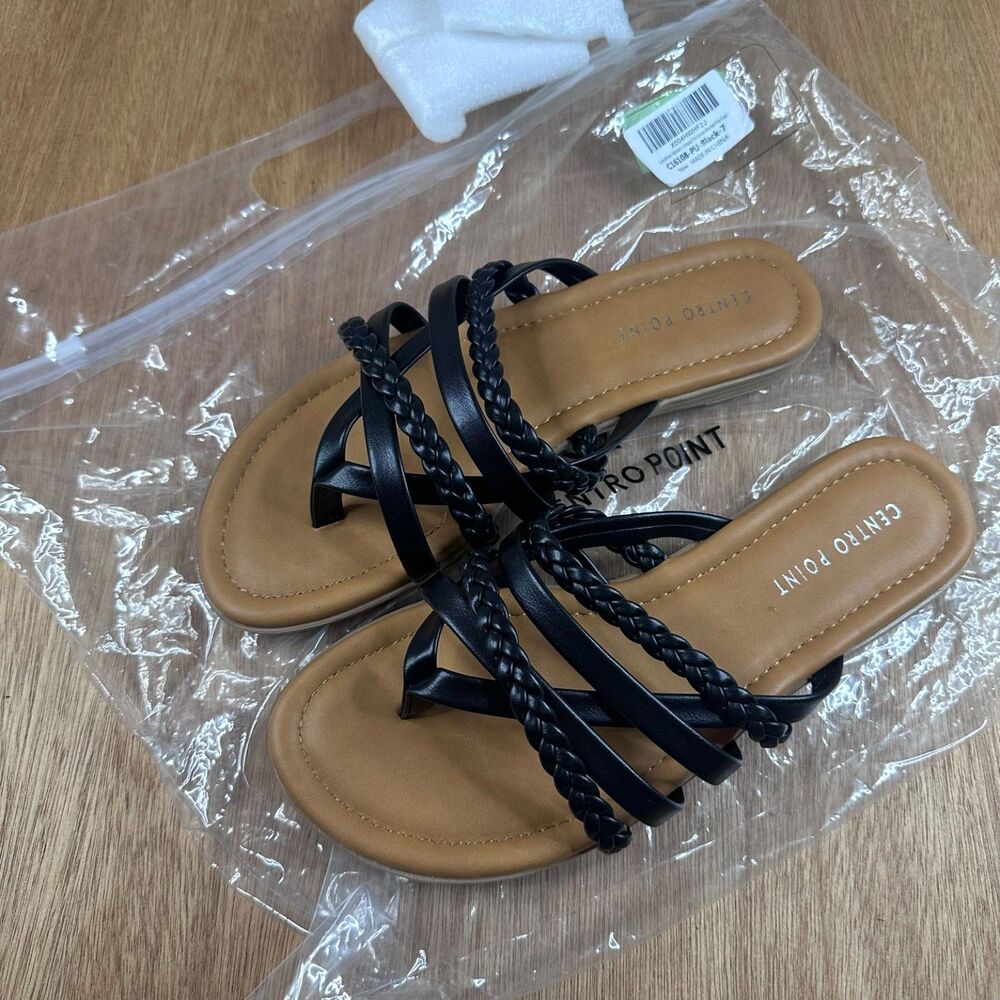 Centro Point Women’s Strappy Flat Sandals Braided Flip Flops Black Size 7 NWT